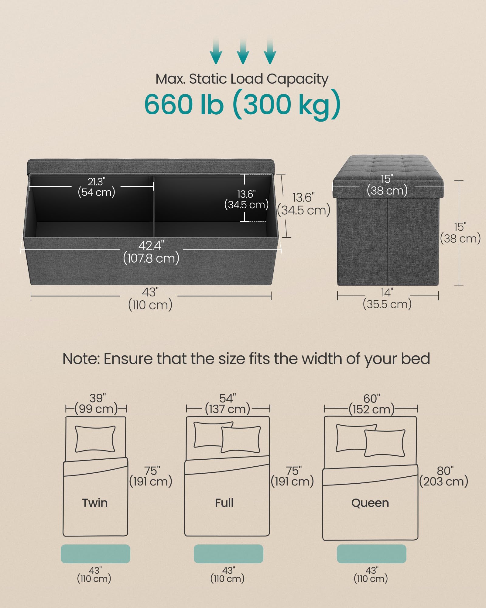 SONGMICS 110 cm Folding Storage Ottoman Bench, Padded Seat SONGMICS