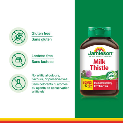 Jamieson Milk Thistle 150 mg, Supports Liver Function, Helps Relieve Digestive Disturbances. Non-GMO, Gluten-Free, 90 Vegetarian Caplets, Proudly Canadian - Available at All In One Marketplace Canada