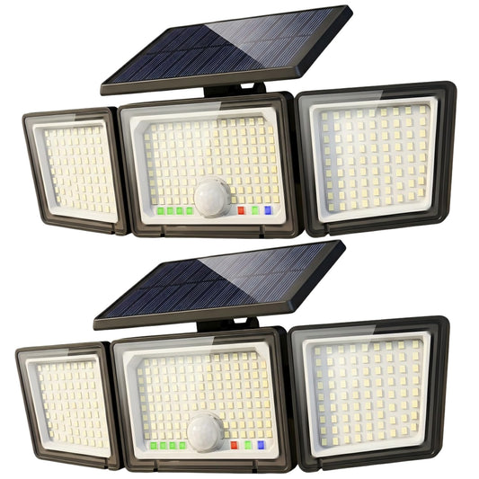 Solar Motion Sensor Light Outdoor, 2500LM 286 LED Solar Outdoor Lights with Power Display & Mode Indicators - 6500K Adjustable 3-Head Flood Light, IP65 Waterproof for Garden, Garage, Yard - 2 Pack - Available at All In One Marketplace Canada