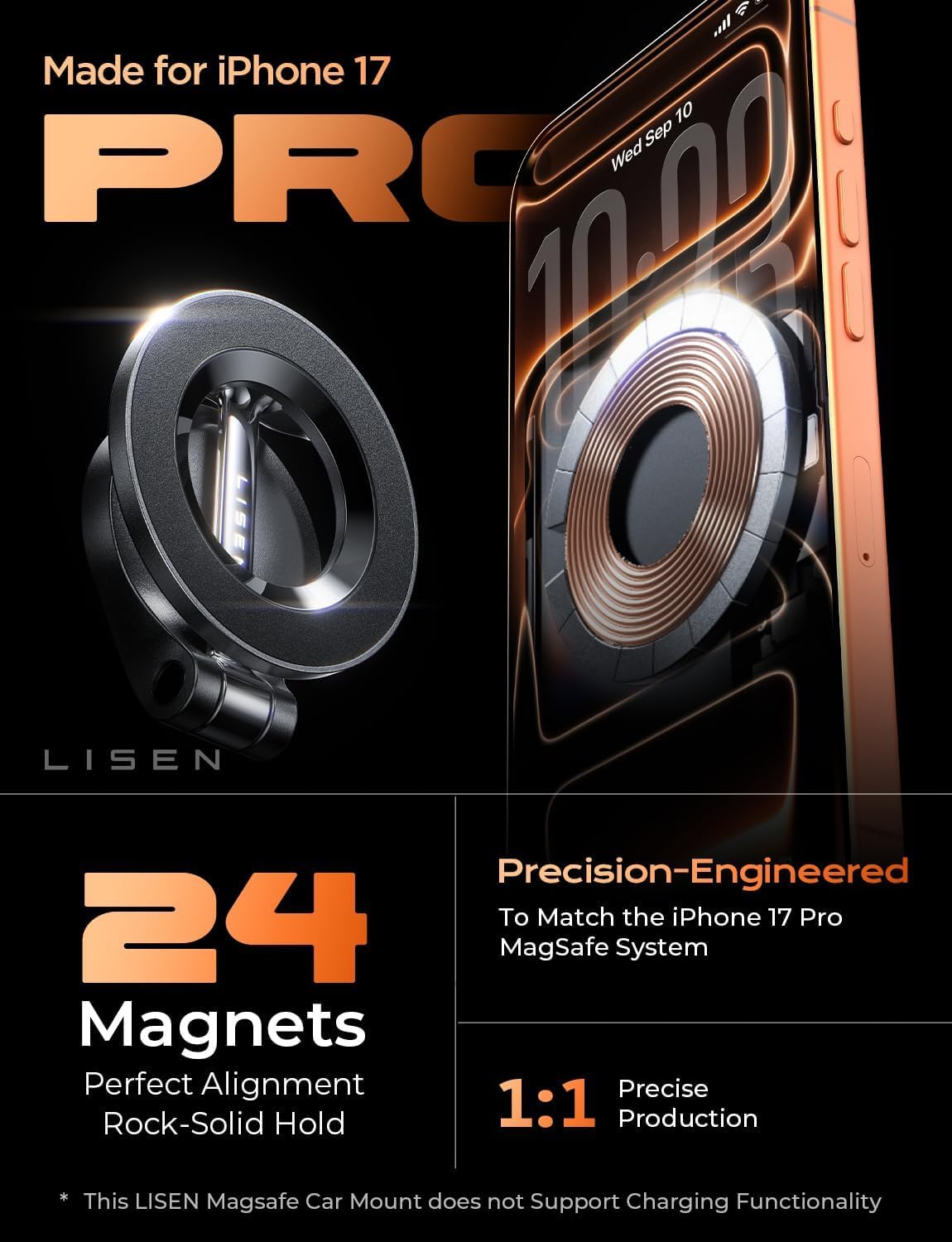 LISEN for MagSafe Car Mount, [24 Strong Magnet] 360° Rotation Magnetic Phone Holder Car Support Cellulaire Auto iPhone Car Holder Mount Dash Phone Mount for iPhone 17 Pro Max Air 16 Plus 15 14 13 12