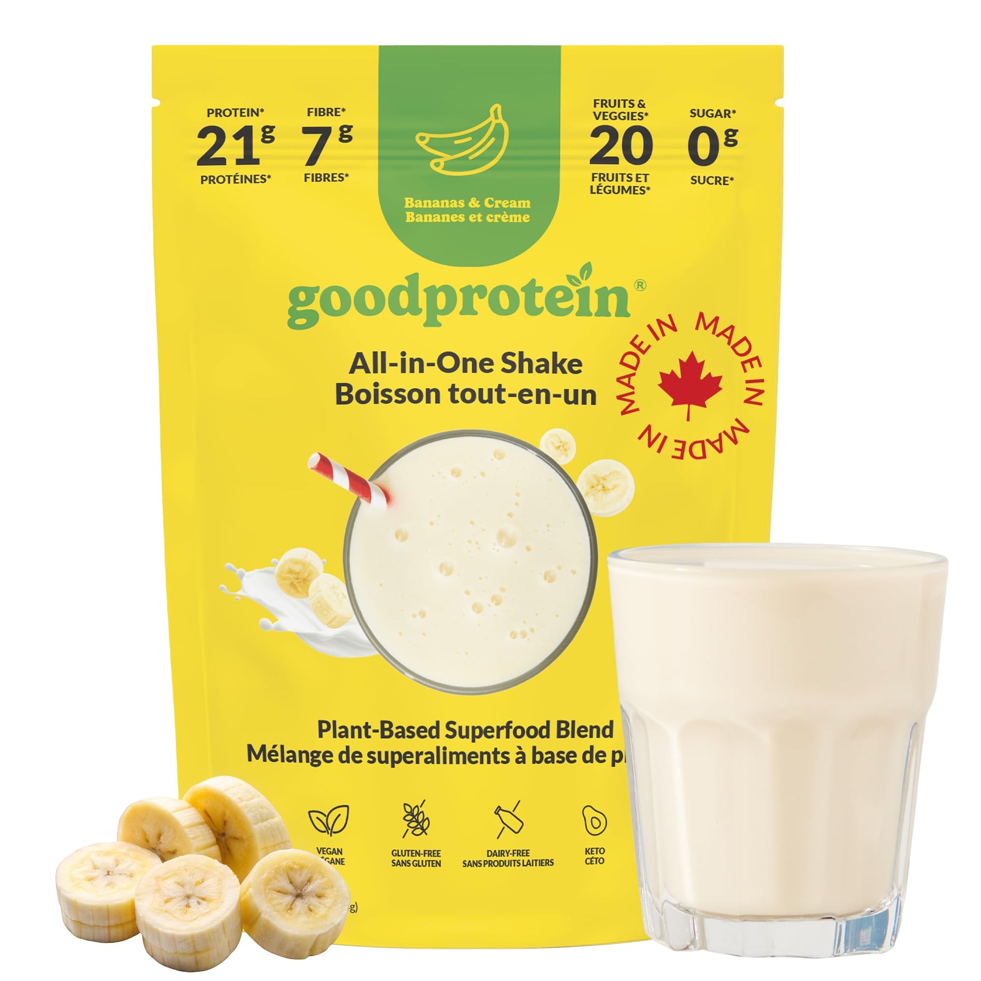 Good Protein Vegan Plant-based Protein Powder 100% Natural, Non-GMO, Dairy-free, Gluten-free, Soy-free, No Added Sugar and Nothing Artificial. Bananas & Cream All-in-One Shake 440 grams