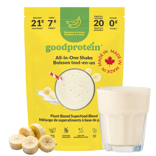 Good Protein Vegan Plant-based Protein Powder 100% Natural, Non-GMO, Dairy-free, Gluten-free, Soy-free, No Added Sugar and Nothing Artificial. Bananas & Cream All-in-One Shake 440 grams