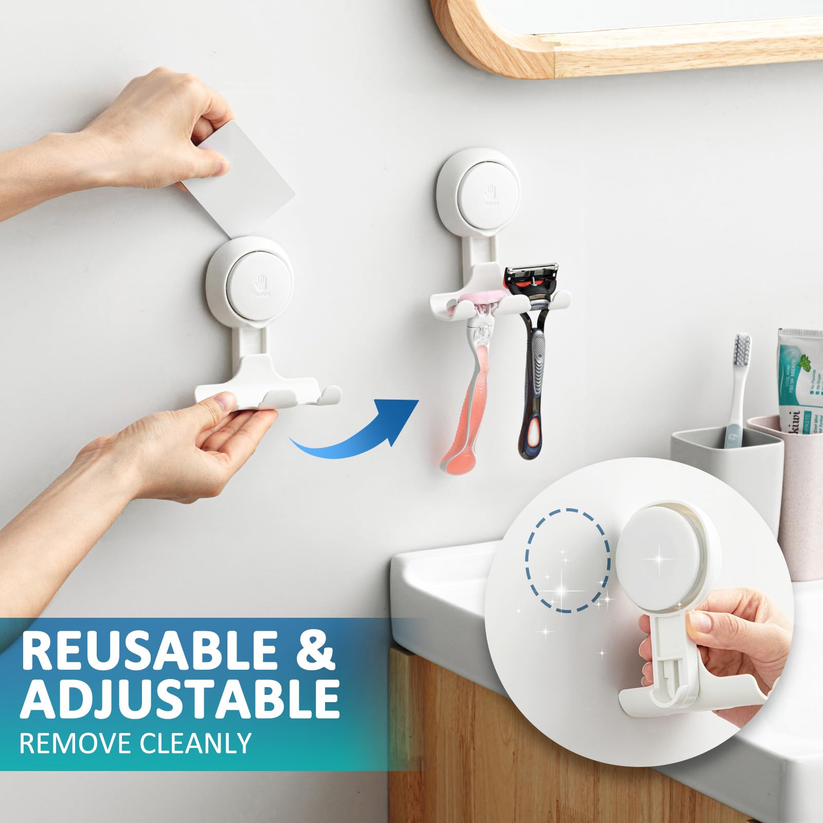 TAILI Shower Razor Holder Suction Cup, Vacuum Hanger Door Hooks for Shower Wall Towel Loofah Sponge Bathroom, Removable Waterproof, White, 2 Pack - Available at All In One Marketplace Canada