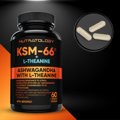 Nutratology® Ashwagandha KSM-66 7200MG + L-Theanine 100MG - Made In Canada | Stress Relief Supplements - Relaxation & Mood Support - Formulated With Bioperine For Enhanced Absorption - 60 Capsules - Available at All In One Marketplace Canada