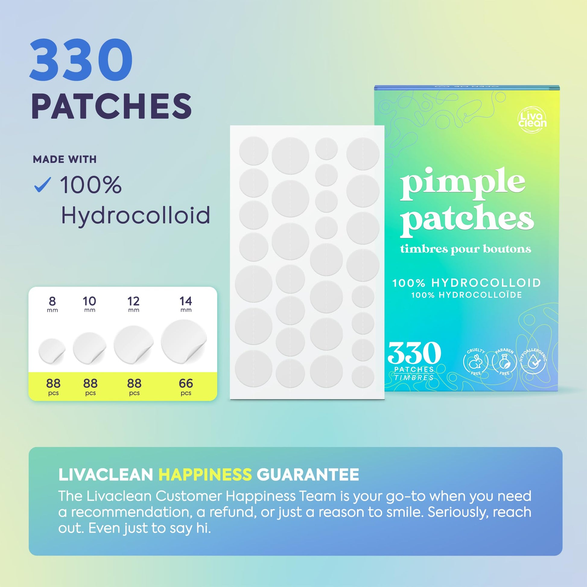 LivaClean 330 CT Pimple Patches for Face w/Hydrocolloid Only | Ideal for Sensitive Skin - Four Sizes - Pimple Patch, Hydrocolloid Patch, Acne Patches for Face - Available at All In One Marketplace Canada