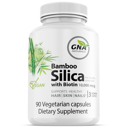 GNA Naturals - Bamboo Silica with Biotin 10,000mcg, 90 v-caps - A Supplement for Radiant Hair, Skin and Nails - Silica Supplement for Hair, Nail, Joint Care and Skin Vitality - Made in Canada - Available at All In One Marketplace Canada