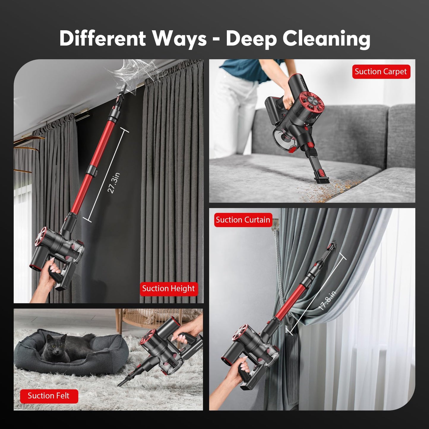 Cordless Vacuum Cleaner, 80,000PRM Stick Vacuum with 2 Powerful Suction Modes, Max 40 Mins Runtime, Protable 2600mAh Rechargeable Battery Vacuum Cleaner for Home (Pale Red) - Available at All In One Marketplace Canada