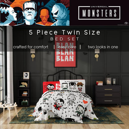 Universal Little Monsters Halloween 5 Piece Twin Bedding Set - Super Soft Cozy Reversible Comforter and Sheet Set with Sham, (Officially Licensed Product) by Franco