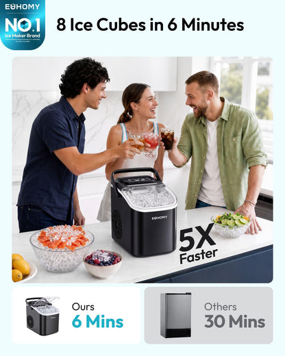 Euhomy Ice Making Machine, 26.5 lbs/24H Countertop Ice Maker with Self-Cleaning, 8 Bullet Ice Cubes Ready in 6 Mins, Compact Portable Ice Maker for Home, Kitchen, Office, Bar, Parties (Dark Black)