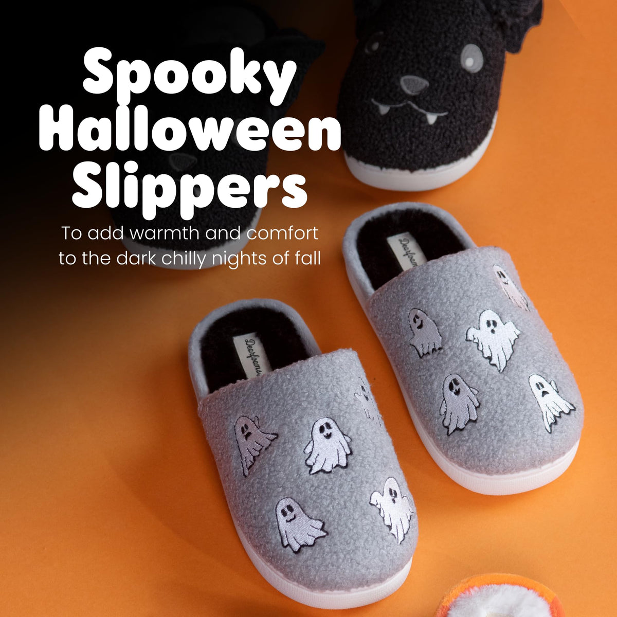 Chaussons unisexe pour adultes Dearfoams, motif citrouille d'Halloween et fantôme gris, 42-43 (femme 42-43 / homme 42-43)