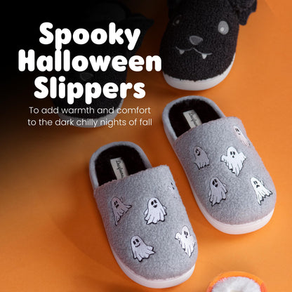 Chaussons unisexe pour adultes Dearfoams, motif citrouille d'Halloween et fantôme gris, 42-43 (femme 42-43 / homme 42-43)