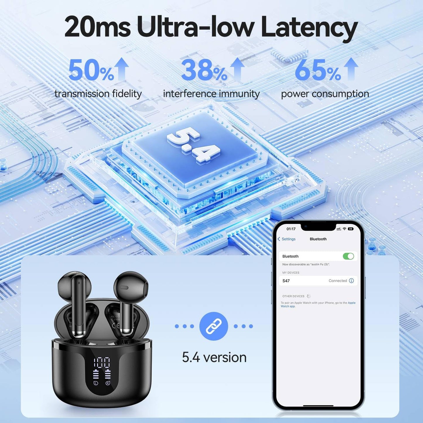 Wireless Earbuds, Bluetooth 5.4 in-Ear Headphones Wireless Bluetooth with ENC 4 Mics, Bluetooth Earbuds 50 Hour Noise-Cancelling Ear Buds with LED Indicator, IPX7 Waterproof for Sports/Work Black