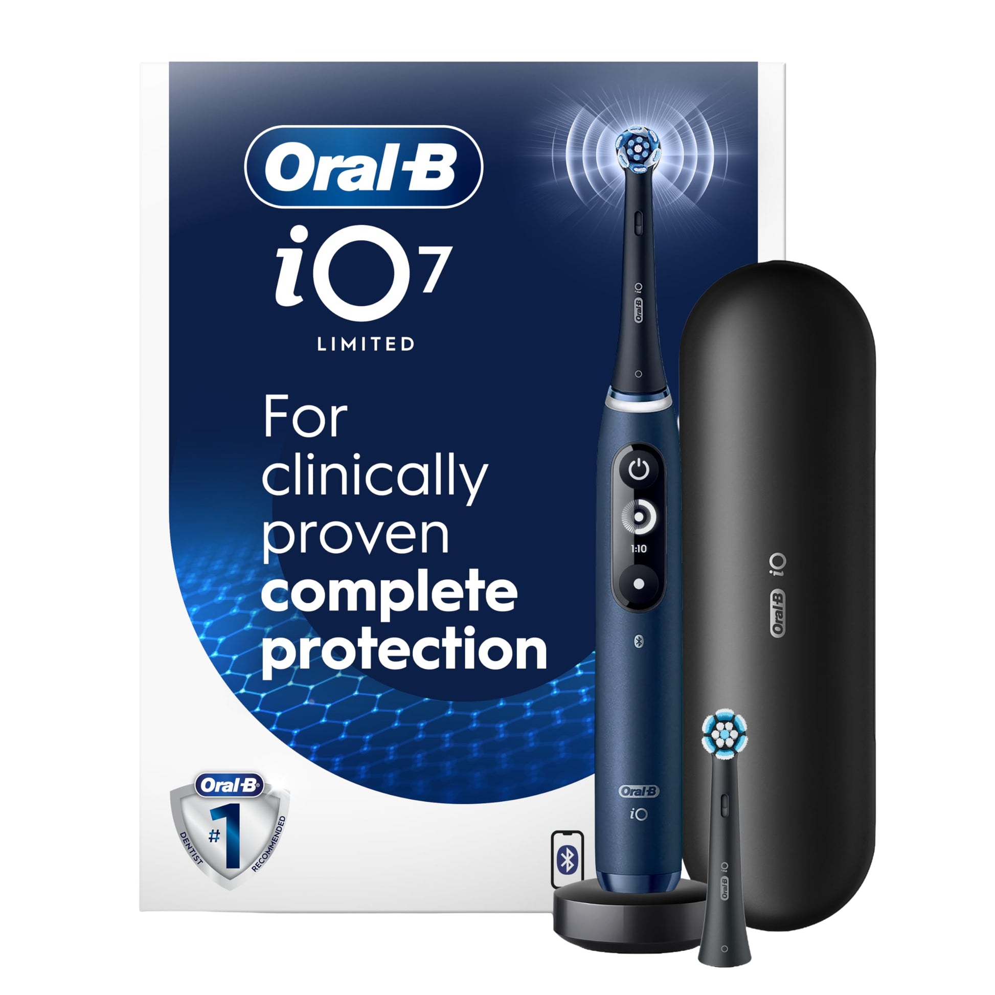 Oral-B iO Electric Toothbrush, Deep Clean + Protect, Rechargeable, Sapphire Blue with Visible Pressure Sensor, 5 Cleaning Settings, 2 Min Timer, a iO Series 7 Toothbrush, 2 Replacement Brush Heads, and Charging Travel Case - Available at All In One Marketplace Canada