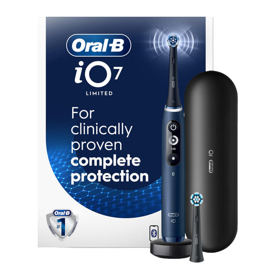 Oral-B iO Electric Toothbrush, Deep Clean + Protect, Rechargeable, Sapphire Blue with Visible Pressure Sensor, 5 Cleaning Settings, 2 Min Timer, a iO Series 7 Toothbrush, 2 Replacement Brush Heads, and Charging Travel Case - Available at All In One Marketplace Canada
