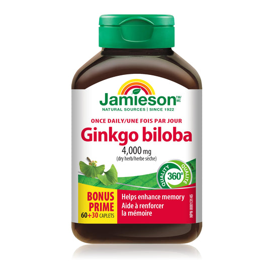 Jamieson Ginko Biloba 4,000 mg, Helps Enhance Cognitive Function, Improve Memory, and Supports Peripheral Circulation. Vegetarian, Gluten-Free, 90 Count - Available at All In One Marketplace Canada