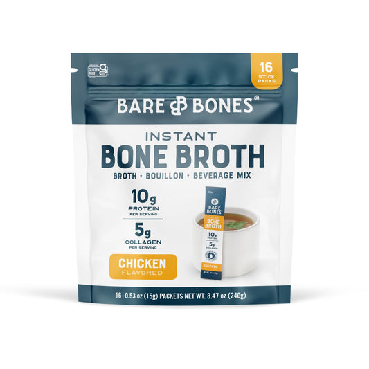 Bare Bones Bone Broth Instant Powdered Beverage Mix, Chicken CANADIAN, Pack of 16, 15g Sticks, 10g Protein, Keto & Paleo Friendly - Available at All In One Marketplace Canada