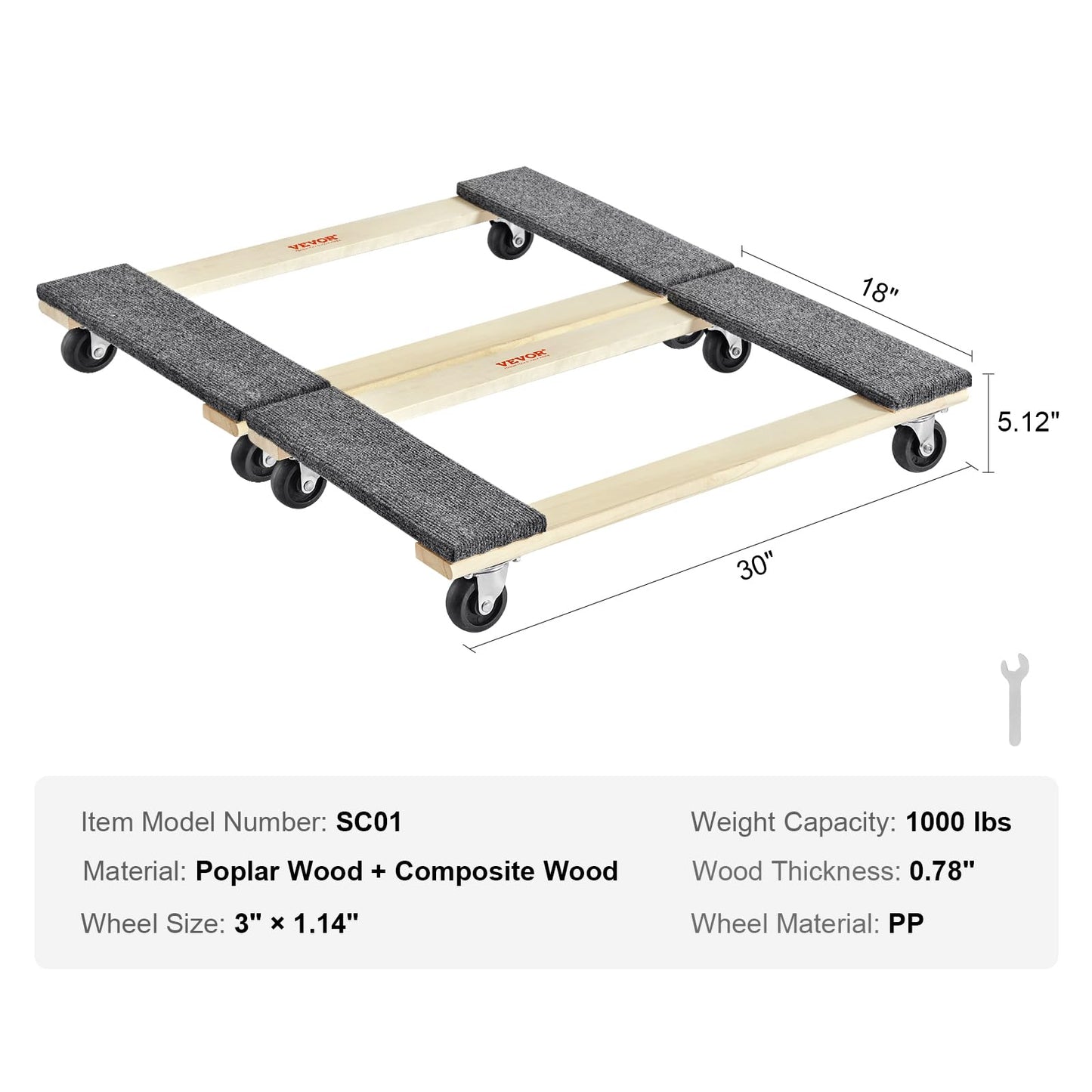 VEVOR Furniture Dolly, 1000 lbs Each Load Capacity, 2 Packs, 18" x 30", 8 x 3" PP Swivel Casters, Heavy Duty Hardwood Furniture Moving Dolly, Mover's Dolly, Moving Cart with Wheels for Heavy Furniture 🍁 All In One Marketplace Canada