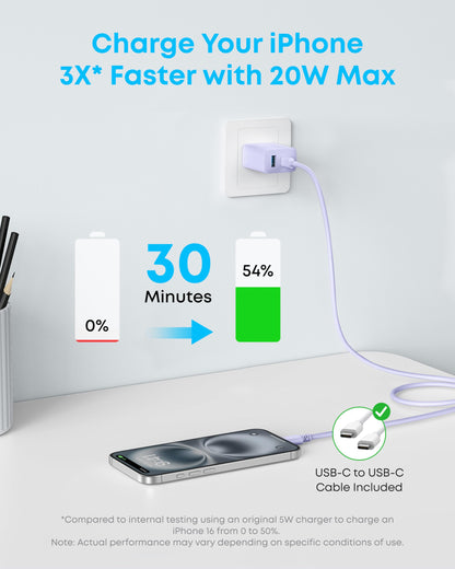 Anker iPhone 16 Charger, 2-Pack 20W Fast USB C Charger Block, for iPhone 16/16 Pro Max/15 Series/iPad Pro and More (Purple, 2 Pack & 2 Cable)