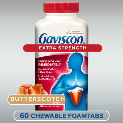 Gaviscon Extra Strength Tablets - 60 Count - Chewable Foaming Antacid Tablets for Day and Night Heartburn Relief, Acid Reflux and GERD relief, Butterscotch - Free of Aluminum, Lactose and Gluten 🍁 All In One Marketplace Canada