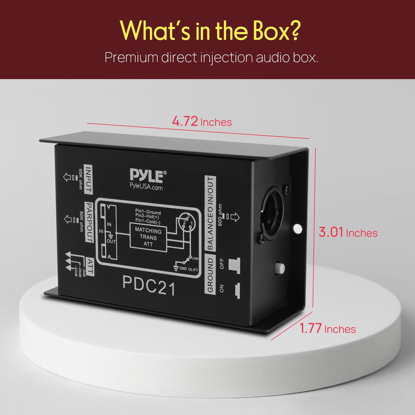Premium Direct Injection Audio Box - Passive DI Unit Hum Eliminator w/ Input Attenuator to Connect Guitar & Bass, 1/4'' Impedance Transformer Connector to Balanced & Unbalanced XLR, Black - Pyle PDC21 🍁 All In One Marketplace Canada