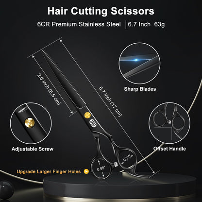 CIICII Hair Cutting Scissors Shears Kit, Professional Barber Haircut Scissors Set (6.7 Inch Hair Beard Hairdressing Trimming Haircutting Thinning Shears) for Men Women Hairdresser Home Salon (Black) - Available at All In One Marketplace Canada