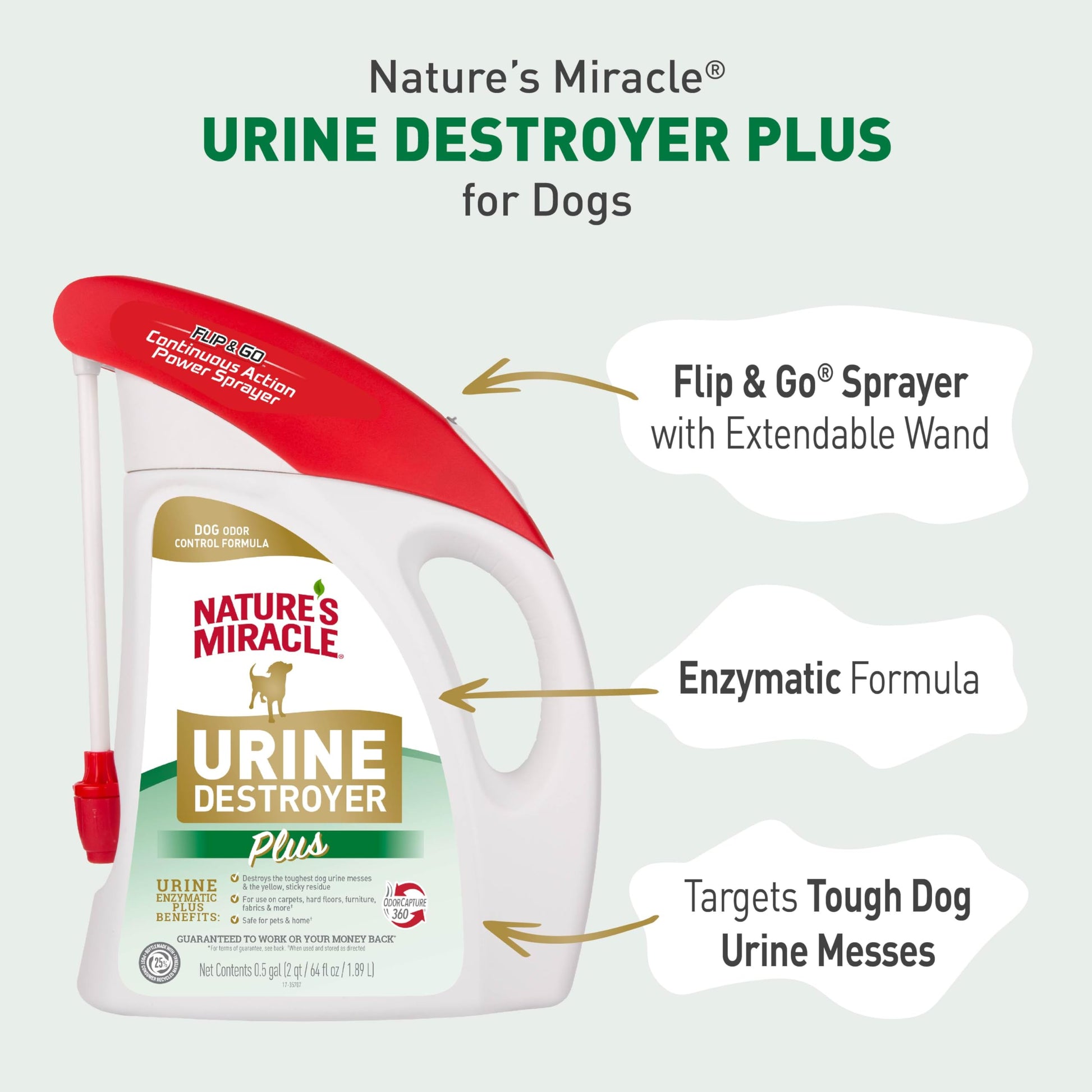 Nature's Miracle Urine Destroyer Plus For Dogs With Flip & Go Sprayer, 64 Ounces, Enzymatic Formula For Dogs Powers Out Tough Dog Urine Messes And Yellow, Sticky Residue Nature's Miracle