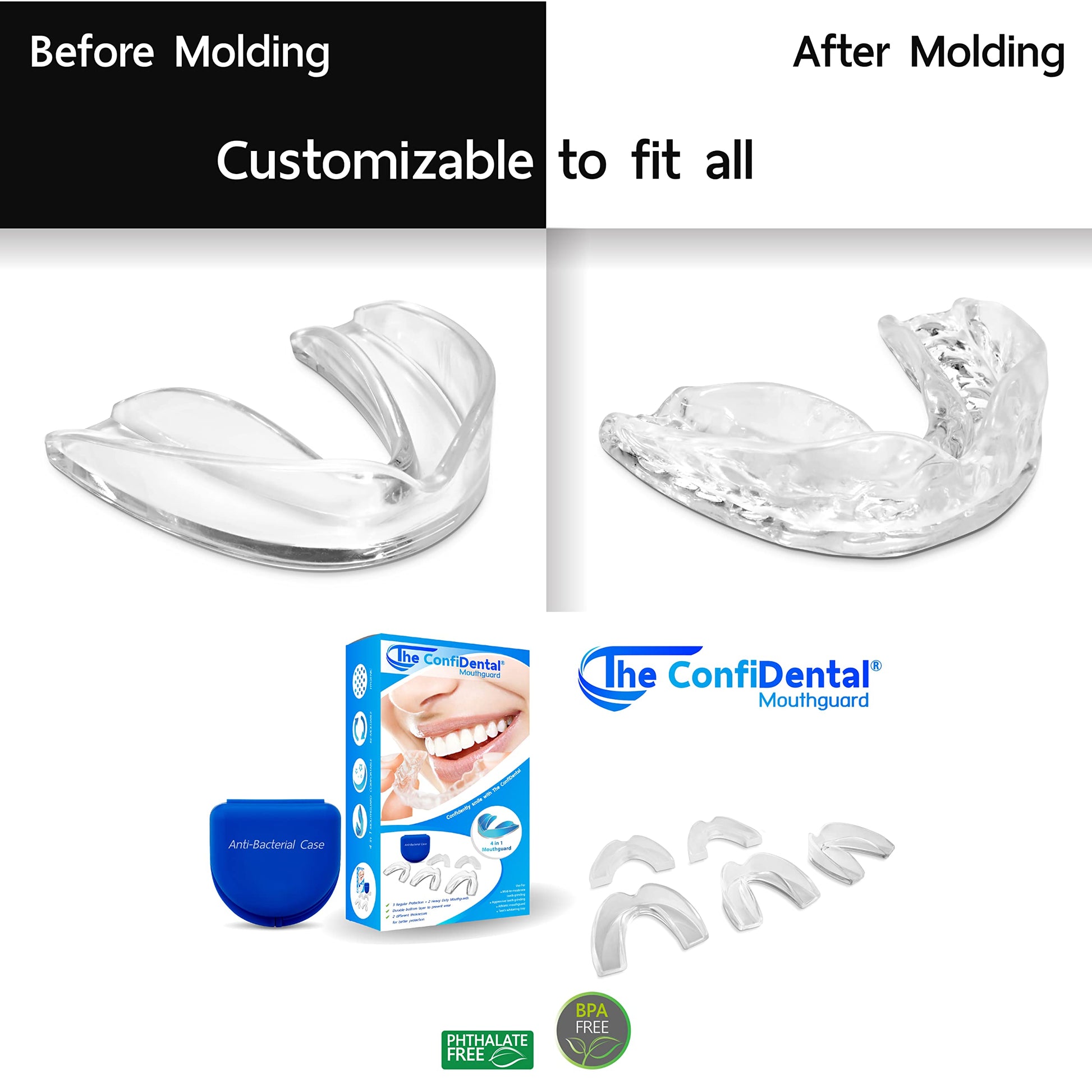 The ConfiDental - Moldable Mouth Guard for Teeth Grinding Clenching Bruxism Sport Athletic Whitening Tray Pack of 5 Including 3 Regular and 2 Heavy Duty Guard (3 (Ill) Regular 2 (ll) Heavy Duty)