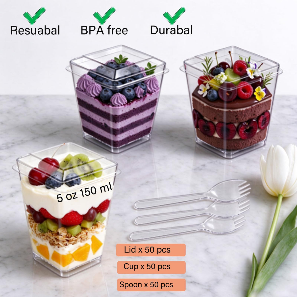 Toowood 50pcs Clear Dessert Cups with Lids and Spoons, 5.4oz Dessert Cups, Mini Cups Reusable Square Parfait Cup for Party Appertizer, Christmas 🍁 All In One Marketplace Canada