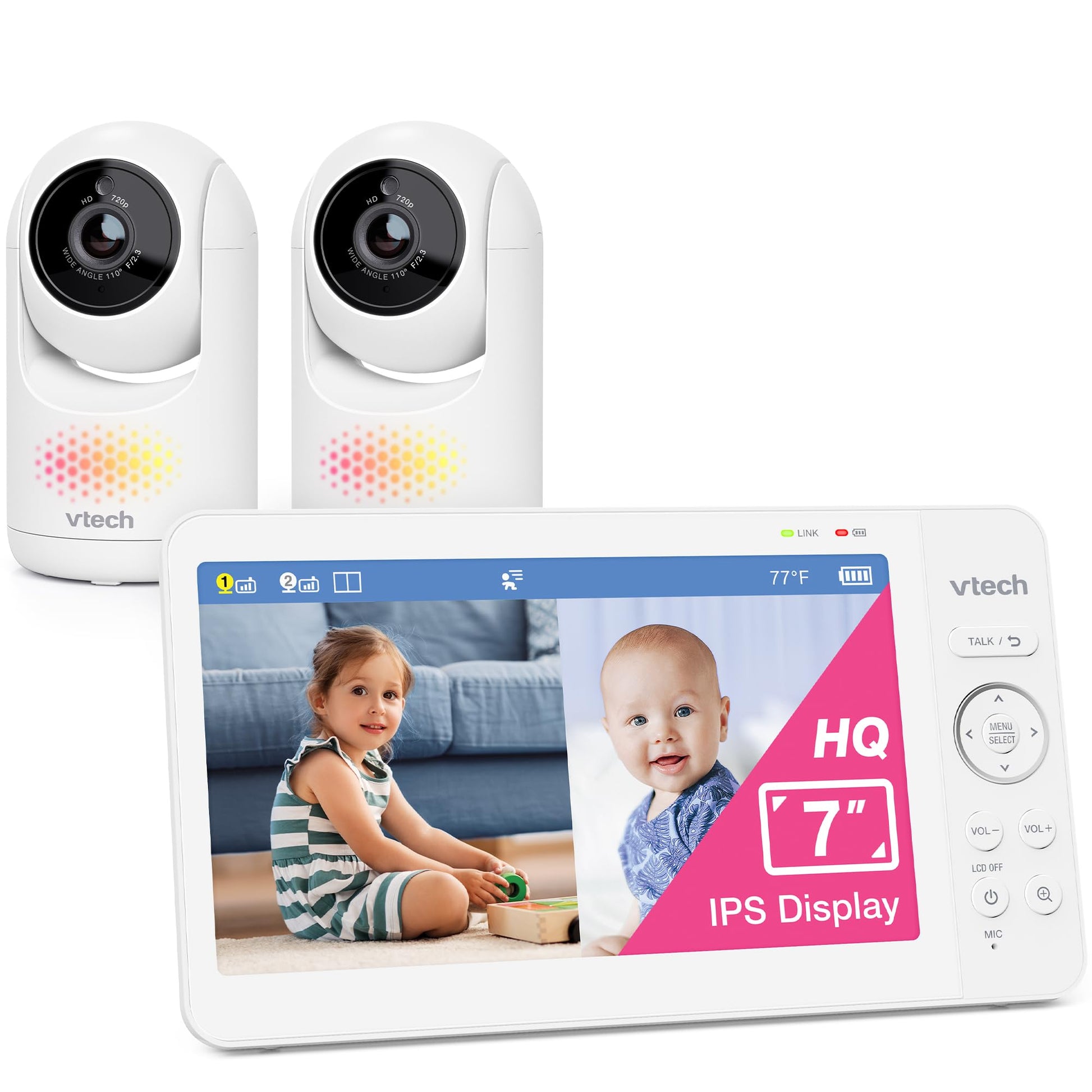 VTech Advanced HQ Max Twin 2 Camera 7” Digital Video Baby Monitor with Pan-Tilt-Zoom, Night Light, Long Range, 2-Way Talk, Display, and Lullabies, No WiFi, White VTech