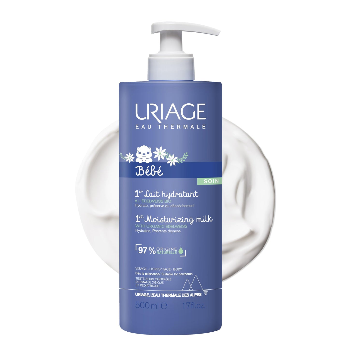 URIAGE Bébé - 1st Moisturizing Cream with Organic Edelweiss & Shea Butter | Hydrates & Prevents Dryness, Fast-Absorbing, Non-sticky, 97% Ingredients of Natural Origin - 500 ml Uriage