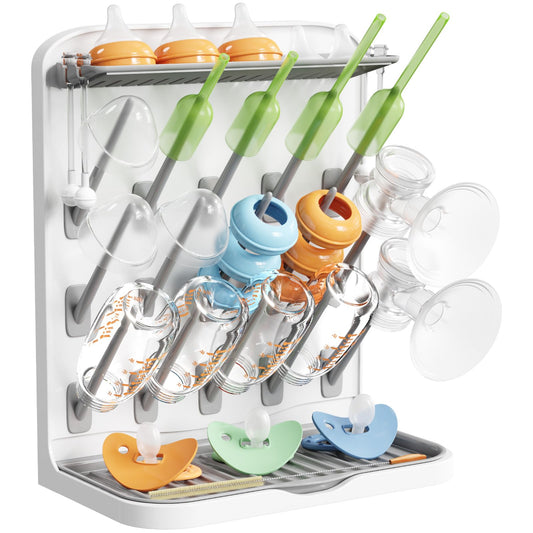 Lifewit Large Baby Bottle Drying Rack for 15 Bottles, Removable Pacifiers Box, Drip Tray, Vertical Rack for Bottle Accessories, Weighted Straws，Pump Parts, BPA-Free, White&Gray, Without Drain Mat