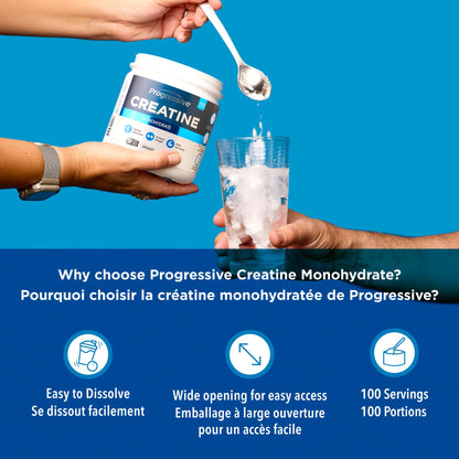 Progressive Creatine Monohydrate, Informed Sport Certified, Proudly Canadian Made, Improves Performance, Increases Strength, Builds Lean Muscle, Easy to dissolve, Gluten Free, No artificial flavours, Colours or Preservatives. 510 g - 100 Servings, Unflavo