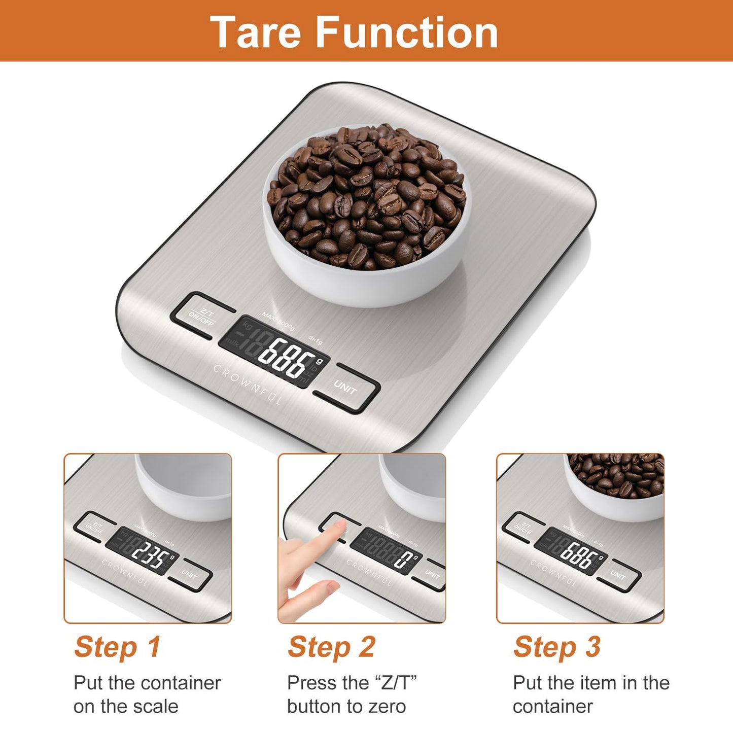 CROWNFUL Food Scale, 11lb Digital Kitchen Scales Weight Ounces and Grams for Cooking and Baking, 6 Units with Tare Function (Battery Included)