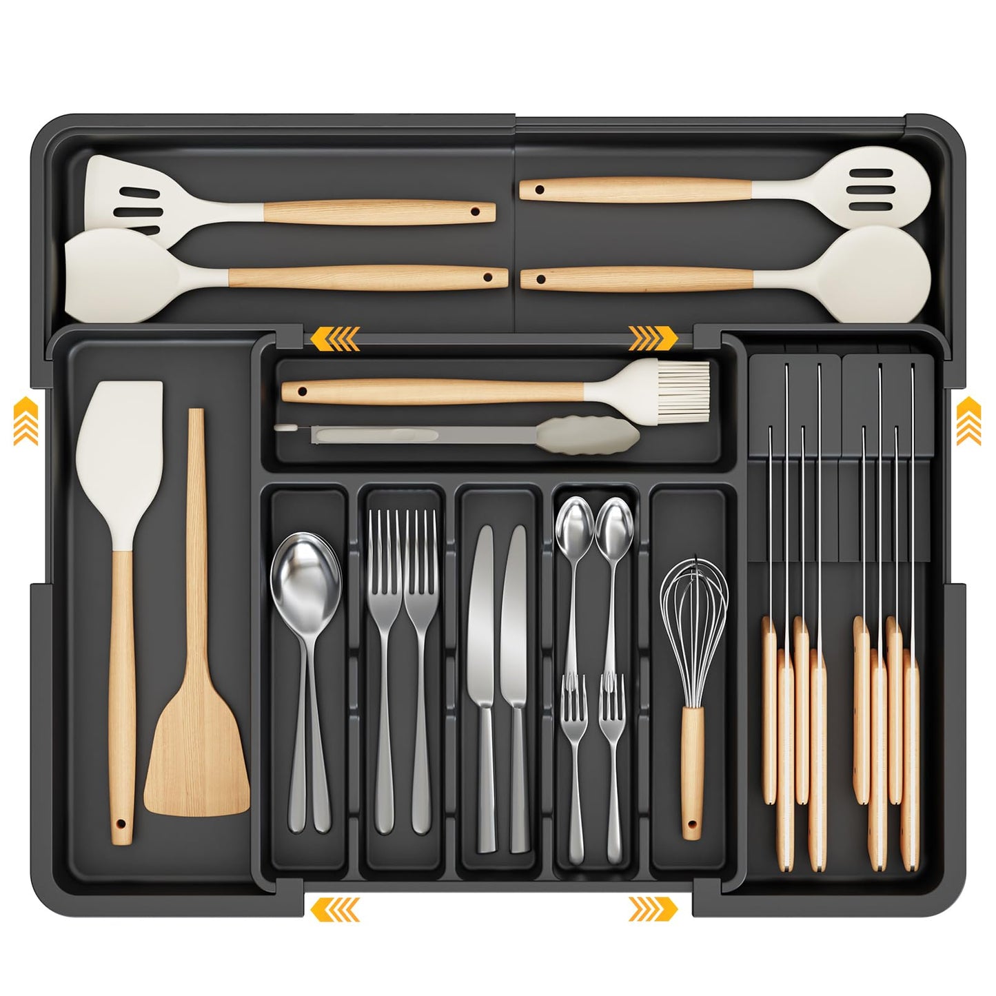 Ceecysaa Cutlery Organizer with 2 Removable Knife Blocks, Expandable Utensil Tray,Adjustable Cutlery Tray Drawer Organizer for Spoons, Knives, Kitchen Organizers and Storage,ABS,Black(6-9 Slots) - Available at All In One Marketplace Canada