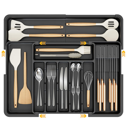 Ceecysaa Cutlery Organizer with 2 Removable Knife Blocks, Expandable Utensil Tray,Adjustable Cutlery Tray Drawer Organizer for Spoons, Knives, Kitchen Organizers and Storage,ABS,Black(6-9 Slots) - Available at All In One Marketplace Canada