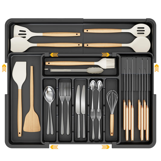 Ceecysaa Cutlery Organizer with 2 Removable Knife Blocks, Expandable Utensil Tray,Adjustable Cutlery Tray Drawer Organizer for Spoons, Knives, Kitchen Organizers and Storage,ABS,Black(6-9 Slots) - Available at All In One Marketplace Canada