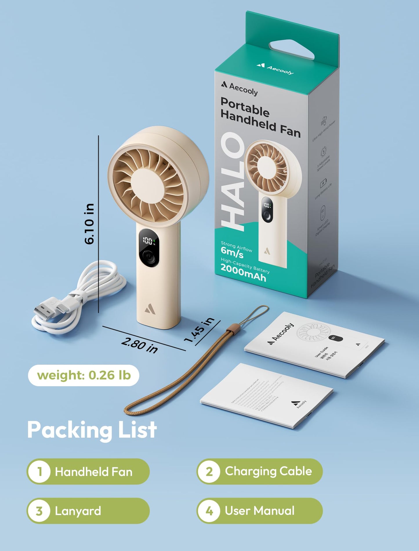 Aecooly Mighty Portable Fan, Powerful Handheld Fan, USB Rechargeable [10H Max Cooling Time], Mini Personal Battery Powered, Pocket for Travel, Summer, Gifts for Women, Girls -Beige - Available at All In One Marketplace Canada
