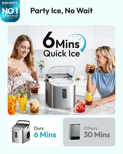 EUHOMY Ice Maker Countertop, 9 Cubes Ready in 6 Mins, 26lbs/24H, Self-Cleaning, Portable Ice Maker Machine with Carry Handle, Basket and Scoop, 2 Sizes of Bullet Ice for Home, Kitchen, Office - Available at All In One Marketplace Canada