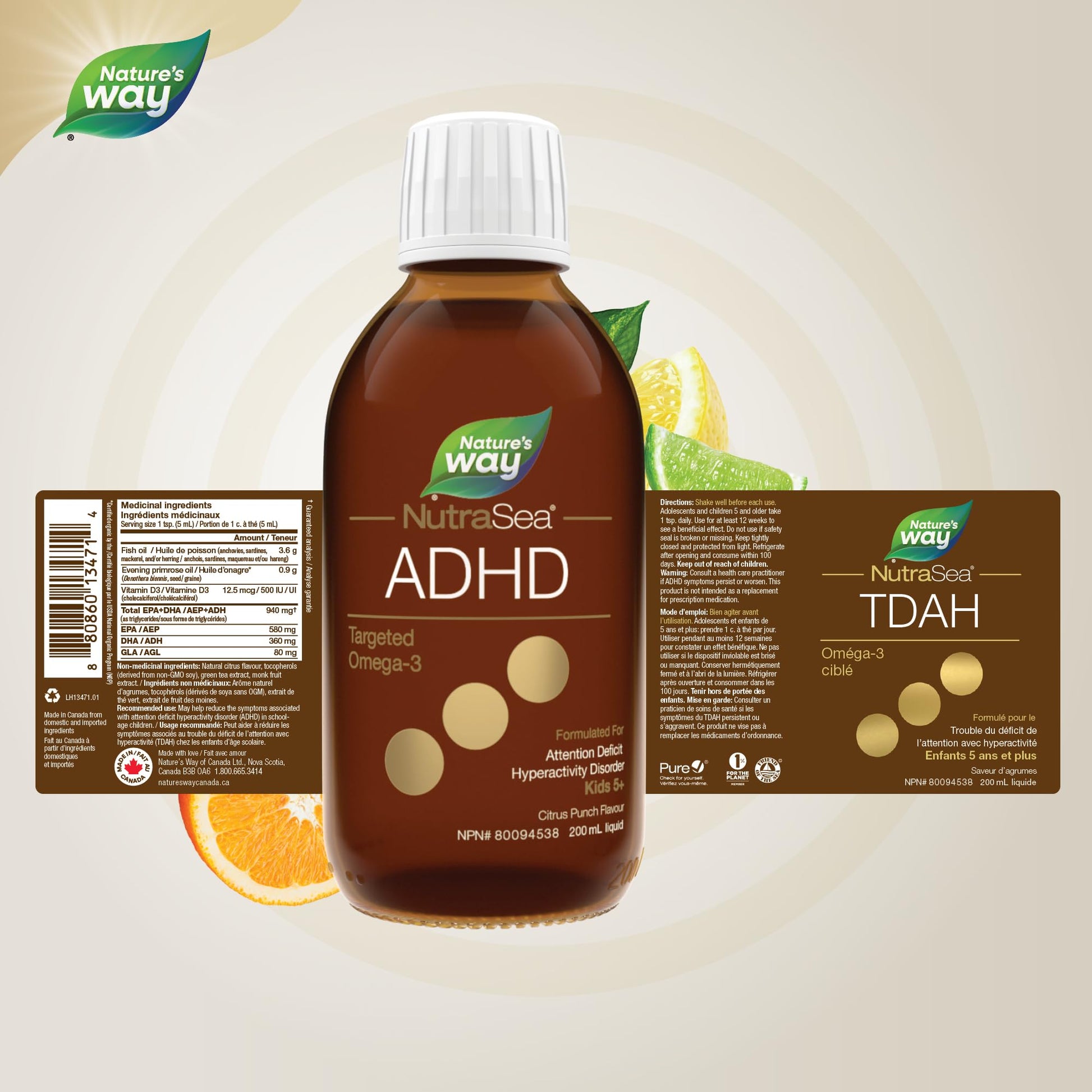 Nature's Way NutraSea ADHD Targeted Omega-3, For kids age 5+, 940 mg of EPA + DHA, 80 mg of GLA, 500 IU Vitamin D3, 200 ml Liquid - Available at All In One Marketplace Canada