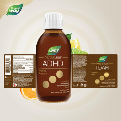 Nature's Way NutraSea ADHD Targeted Omega-3, For kids age 5+, 940 mg of EPA + DHA, 80 mg of GLA, 500 IU Vitamin D3, 200 ml Liquid - Available at All In One Marketplace Canada