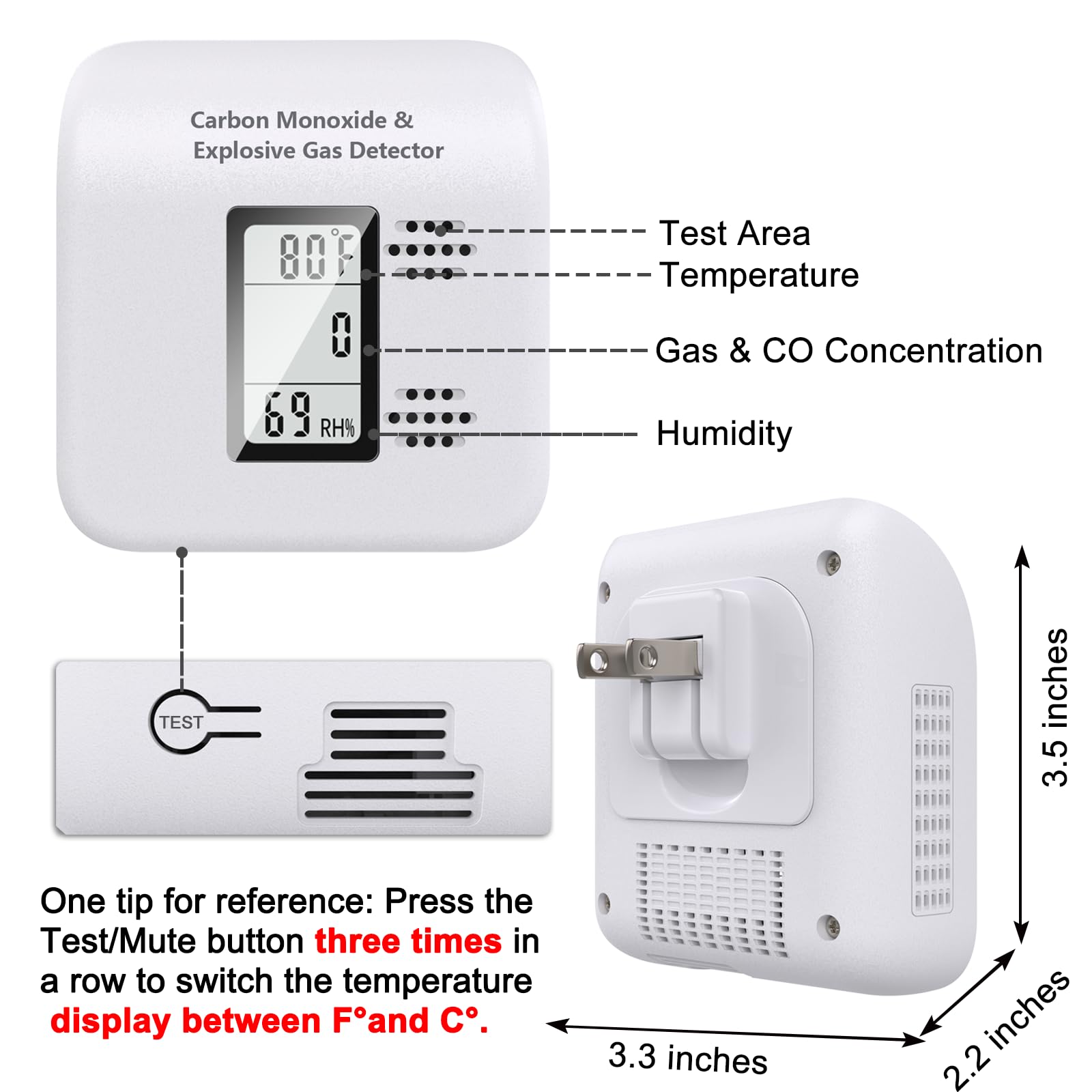 4-in-1 Upgraded Natural Gas Leak Detector and Carbon Monoxide Detectors,Carbon Monoxide Detectors Plug in with Temperature & Humidity Monitor CO Methane Propane Alarm for Home RV Hotel (1Pack White) - Available at All In One Marketplace Canada