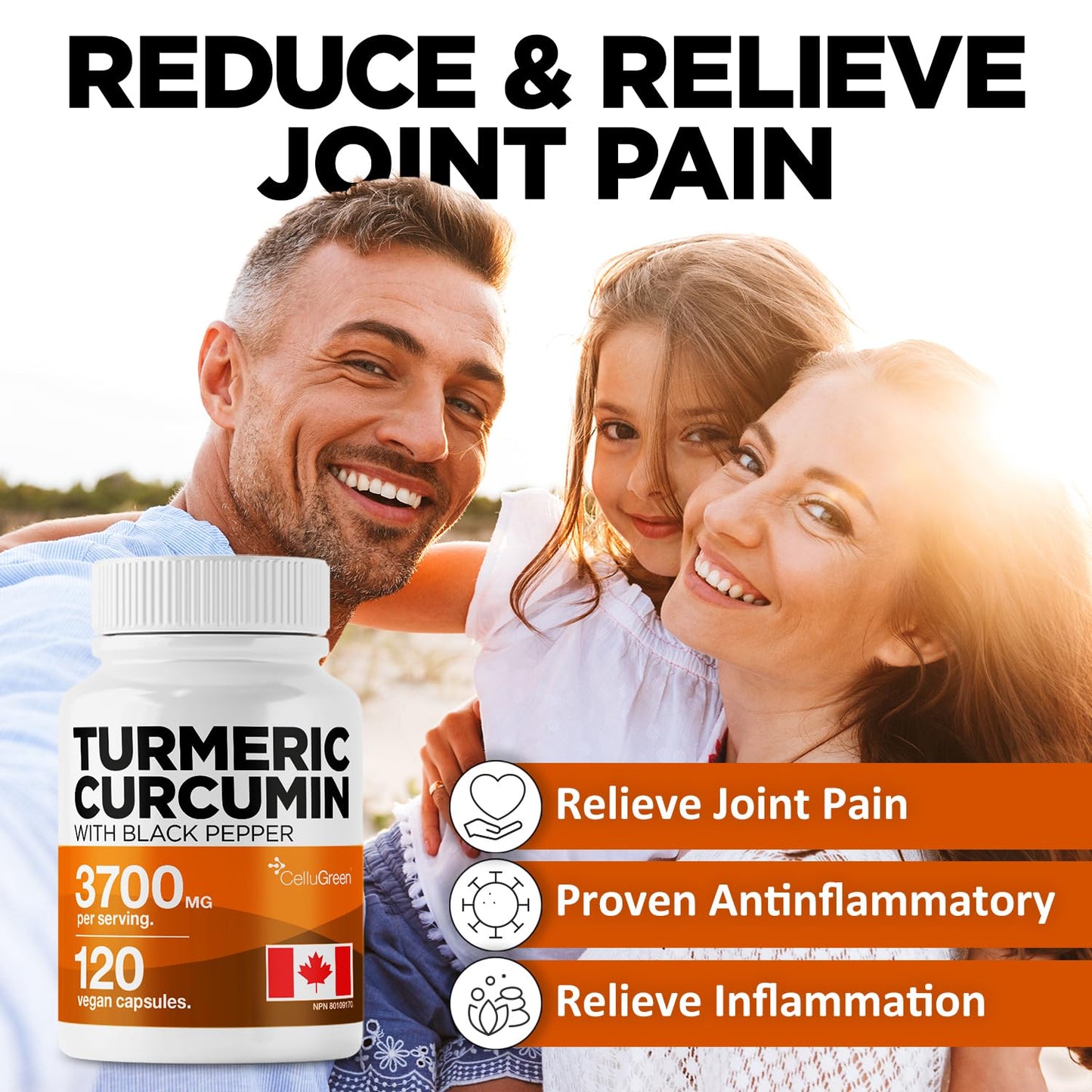 CelluGreen Turmeric Curcumin 3,700mg with Black Pepper Extract — 95% Curcuminoids for Joint Pain Relief & Anti-Inflammatory Support | Curcuma Longa | Non-GMO, Gluten-Free, Made in Canada | 120 Capsules - Available at All In One Marketplace Canada