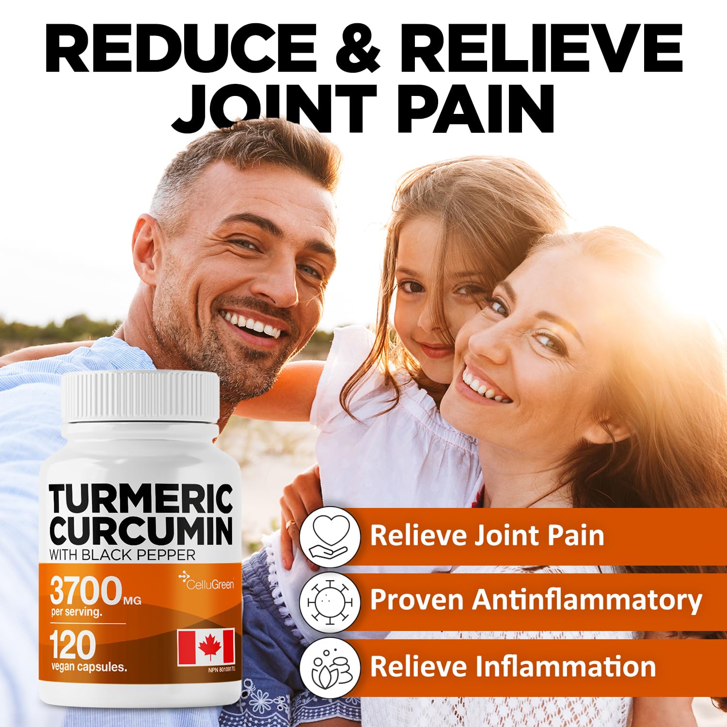 CelluGreen Turmeric Curcumin 3,700mg with Black Pepper Extract — 95% Curcuminoids for Joint Pain Relief & Anti-Inflammatory Support | Curcuma Longa | Non-GMO, Gluten-Free, Made in Canada | 120 Capsules - Available at All In One Marketplace Canada