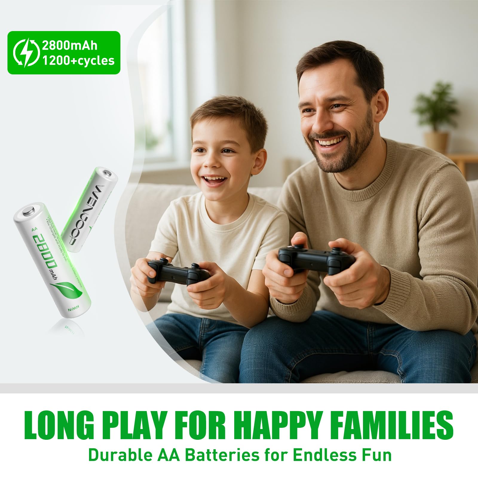 WENJOOP Rechargeable AA Batteries 16 Pack, 2800mAh Ni-MH, Up to 1200 Cycles, for Controllers, Cameras and Toys - Available at All In One Marketplace Canada