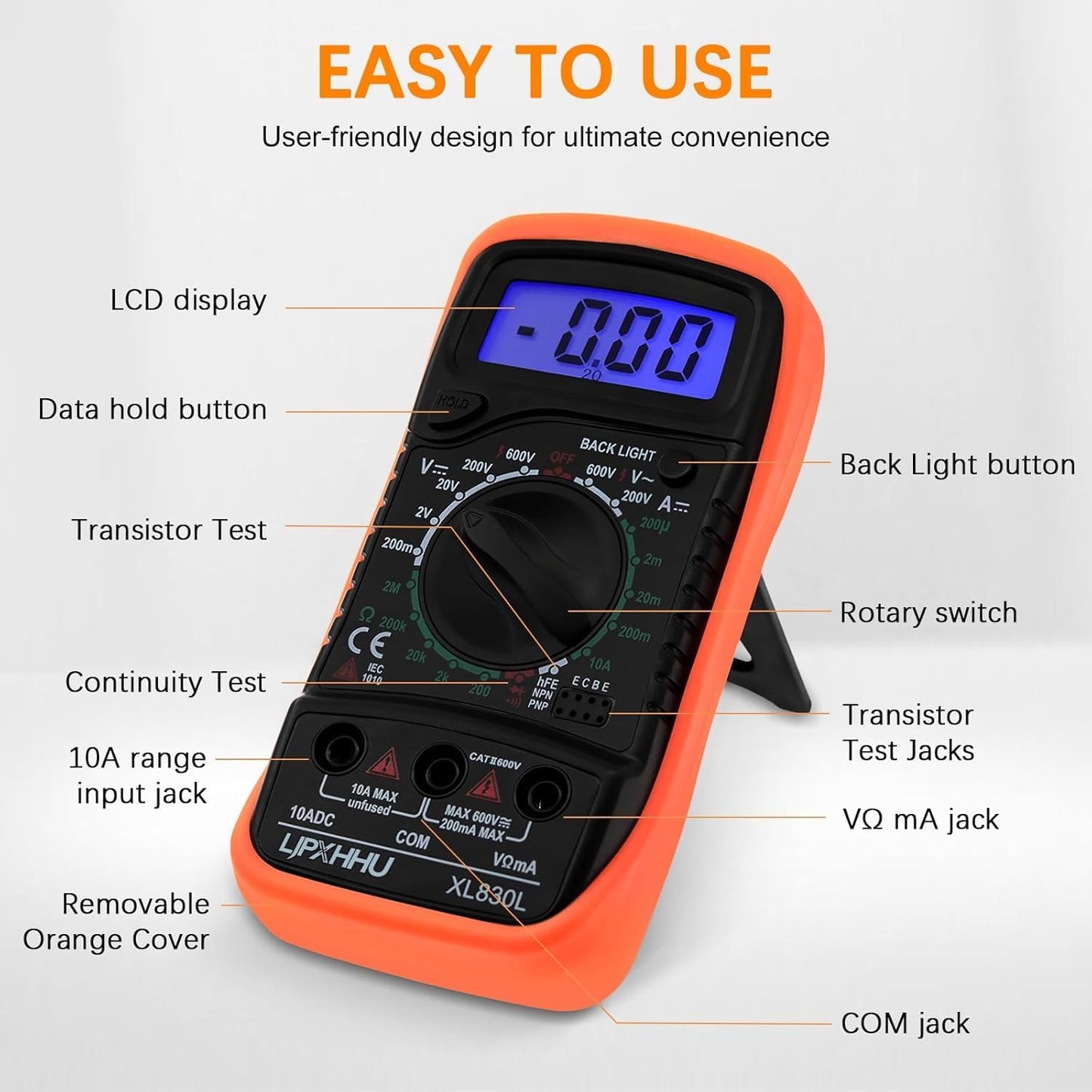 Digital Multimeter Voltmeter Battery Voltage Multi Tester AC DC Volt OHM Amp Current Meter Circuit Continuity Resistance Diode Electrical Tester with Test Leads Backlight LCD Display
