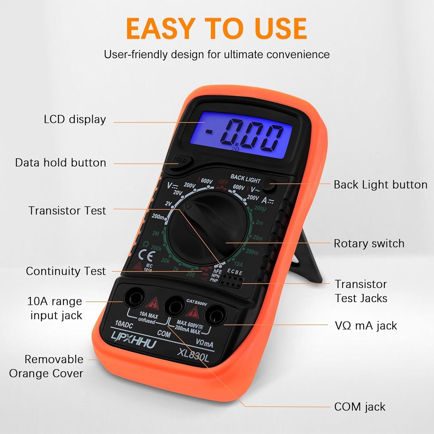 Digital Multimeter Voltmeter Battery Voltage Multi Tester AC DC Volt OHM Amp Current Meter Circuit Continuity Resistance Diode Electrical Tester with Test Leads Backlight LCD Display