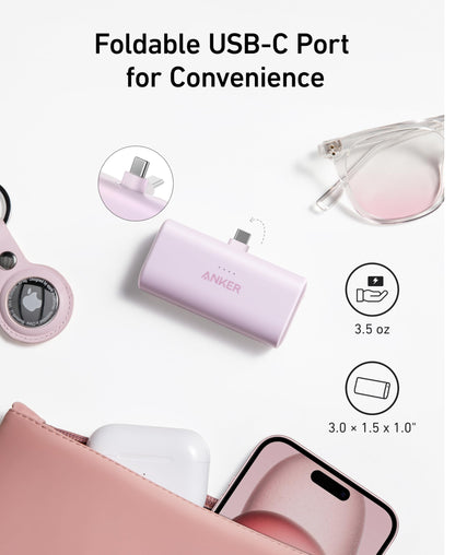 Anker Nano Power Bank with Built-in Foldable USB-C Connector, 5,000mAh Portable Charger 22.5W, for iPhone 15/15 Plus/15 Pro/15 Pro Max, Samsung S22/23 Series, Huawei, iPad Pro/Air, AirPods, and More