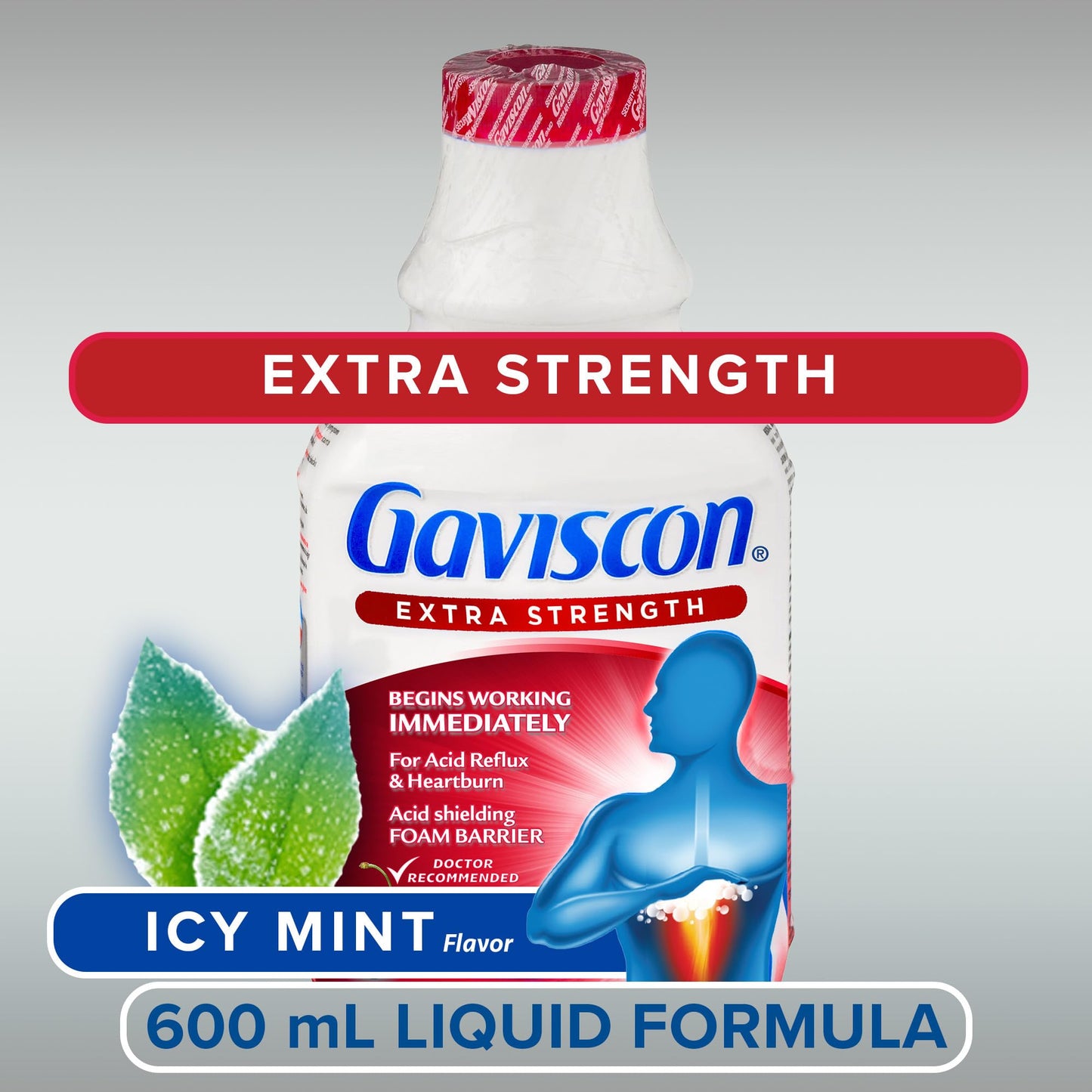 Gaviscon Liquid Extra Strength Antacid - 600 ml - Antacid Liquid for Day and Night Heartburn Relief, Acid Reflux and GERD Relief, Icy Mint- Free of Aluminum, Lactose and Gluten Gaviscon