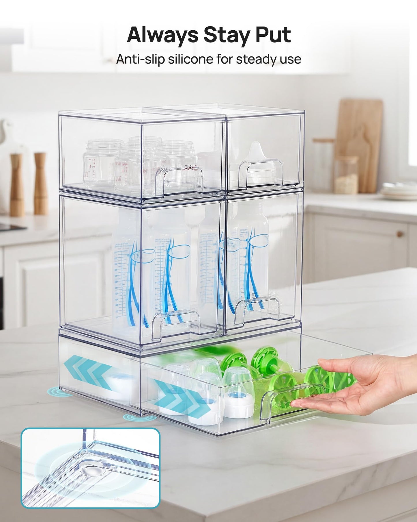 Vtopmart Stackable Storage Drawers Set of 5, 12" Wide and 4.4''&7.6'' High Clear Plastic Organizer Bins for Beauty Supplies,Ideal for Vanity, Bathroom,Cabinet,Pantry Organization