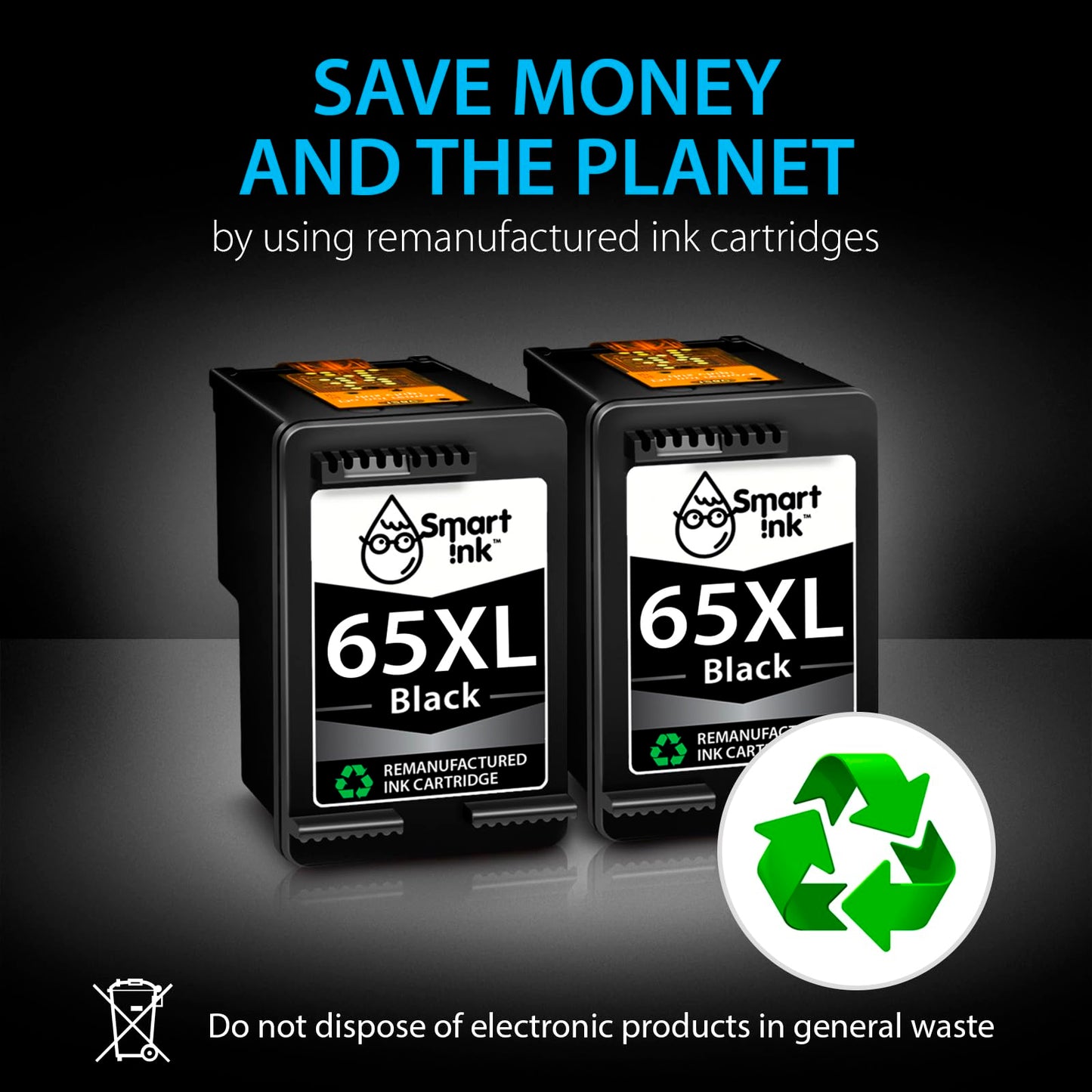 Smart Ink Remanufactured Ink Cartridges Replacement for HP 65 XL HP 65XL (2 Black Combo Pack) to use with DeskJet 3755 2600 2625 2652 2655 3700 3720 3752 3772 Envy 5000 5010 5052 5055 Printer Series
